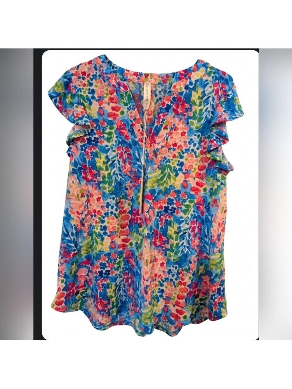 Dear Scarlett MultiColor Vibrant Floral Blouse,Top, Ruffle Sleeves.Sz.Small NWT